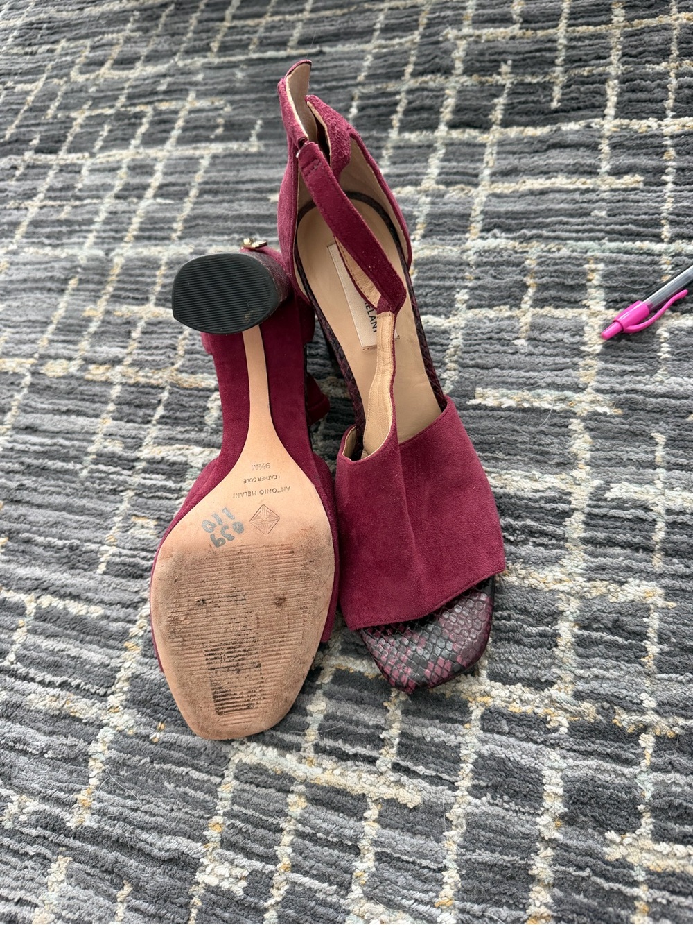 ANTONIO MELANI Burgundy Suede Open-Toe Block Heels